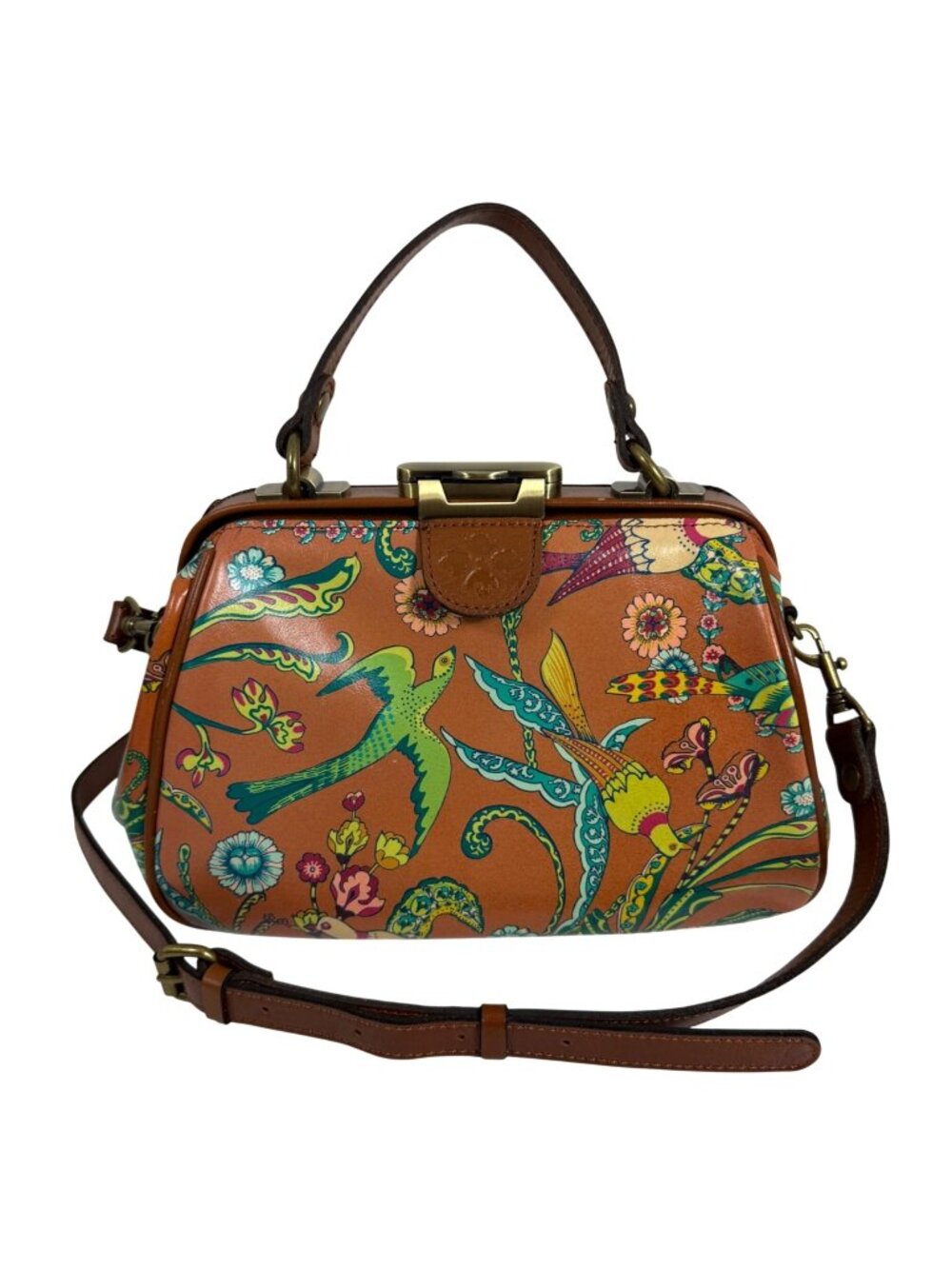 Patricia Nash Gracchi Leather Frame Floral and Bird Themed 2-way Satchel